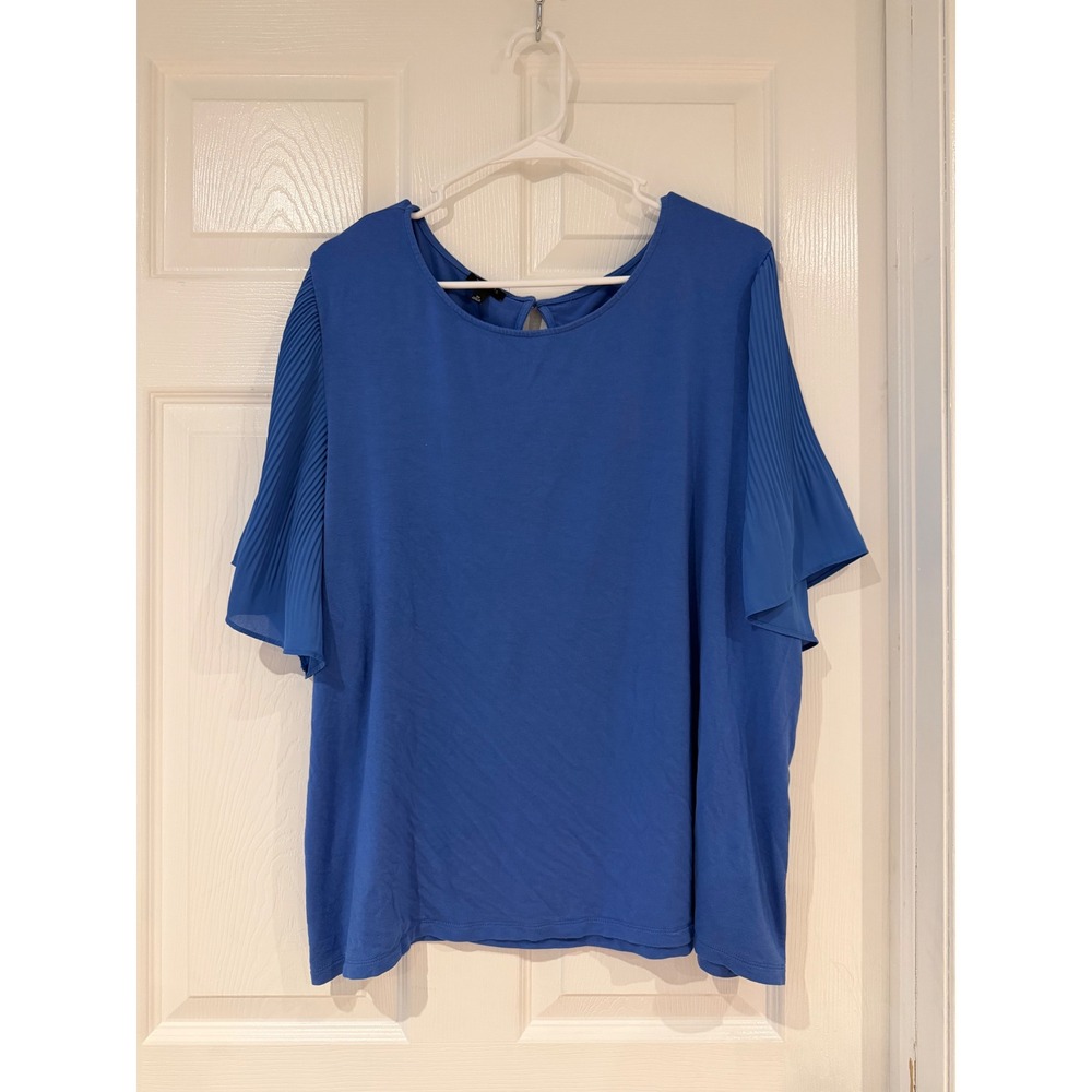 Talbots Plus Blue Pleated Flutter Sleeve Top 3X Rayon Spandex Knit Blouse Career